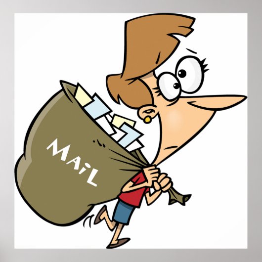 Grappige vrouw zeult met zware postzak poster (Voorkant)