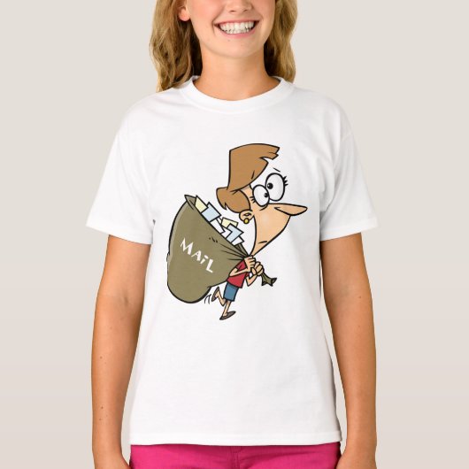 Grappige vrouw zeult met zware postzak t-shirt (Voorkant)