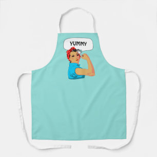 Grappige vrouwelijke chef-kok in licht turquoise s schort