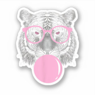 Grappige Vrouwen Tijger Bril & Roze Bubble Gum Ani Sticker