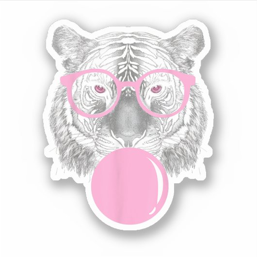 Grappige Vrouwen Tijger Bril & Roze Bubble Gum Ani Sticker (Voorkant)