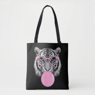 Grappige Vrouwen Tijger Bril & Roze Bubble Gum Ani Tote Bag