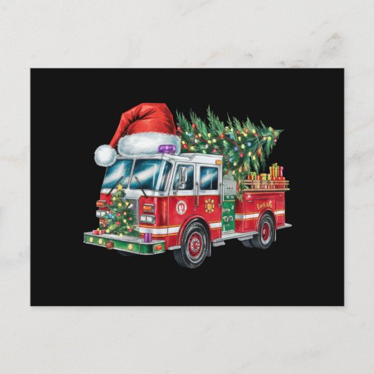 Grappige Vuurtruck Santa Hat Kerstboom Lights Feestdagenkaart (Voorkant)