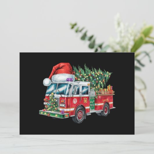 Grappige Vuurtruck Santa Hat Kerstboom Lights Feestdagenkaart (Staand voorkant)