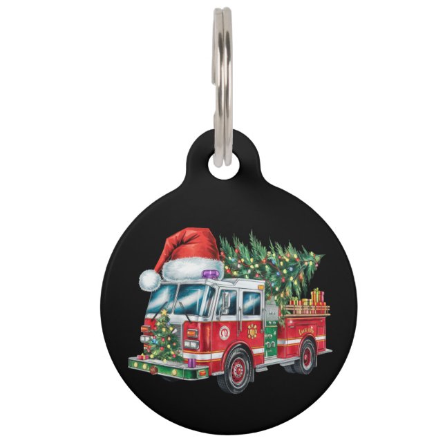 Grappige Vuurtruck Santa Hat Kerstboom Lights Huisdierpenning (Voorkant)