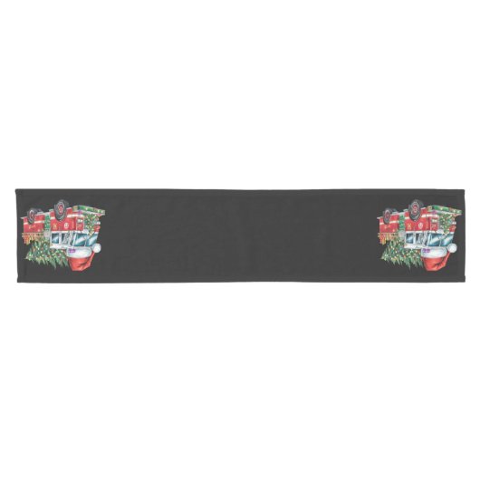 Grappige Vuurtruck Santa Hat Kerstboom Lights Korte Tafelloper (Horizontaal)