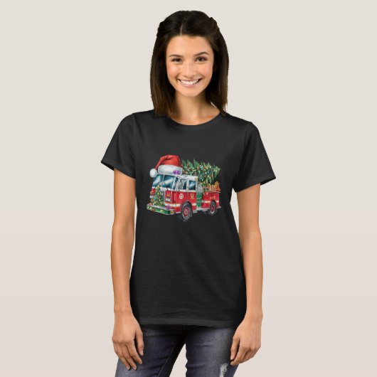 Grappige Vuurtruck Santa Hat Kerstboom Lights T-shirt (Voorkant volledig)