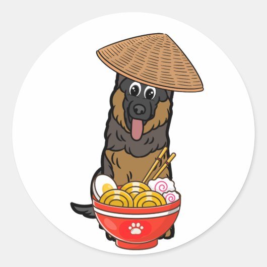 Grappige waakhond eet noedels ronde sticker (Voorkant)