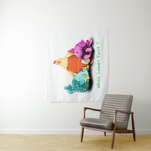 Grappige wandtapijt met kippen wachten op ei om ui wandkleed (In situ)