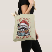 Grappige wasbeer Allereerst ben ik een genot Kerst Tote Bag (Dichtbij)