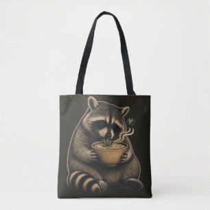 Grappige wasbeer die hete soep drinkt tote bag