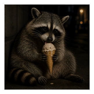 Grappige wasbeer die ijs eet perfect poster