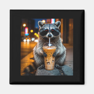 Grappige wasbeer die ijskoude koffie drinkt dier m magneet