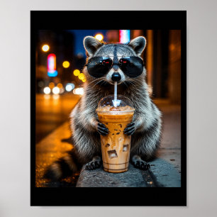Grappige wasbeer die ijskoude koffie drinkt dier m poster