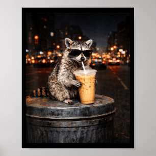 Grappige wasbeer die ijskoude koffie drinkt dier m poster