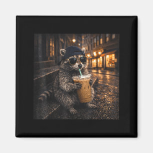 Grappige wasbeer drinkt ijskoude koffie cool dier magneet