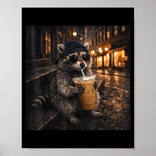 Grappige wasbeer drinkt ijskoude koffie cool dier poster