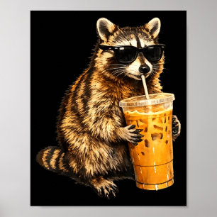 Grappige wasbeer drinkt ijskoude koffie dier meme  poster