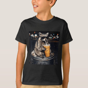 Grappige wasbeer drinkt ijskoude koffie dier meme t-shirt