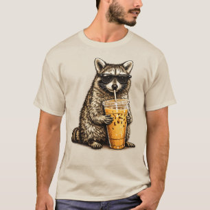 Grappige Wasbeer Drinkt IJskoude Koffie — Retro Di T-shirt