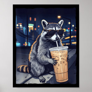 Grappige wasbeer drinkt ijskoude koffie schattig d poster