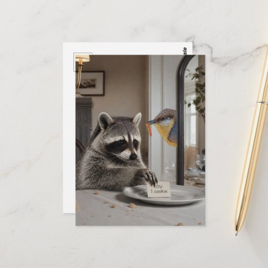Grappige Wasbeer IOU 1 Koekje Briefkaart (Voorkant / Achterkant in situ)