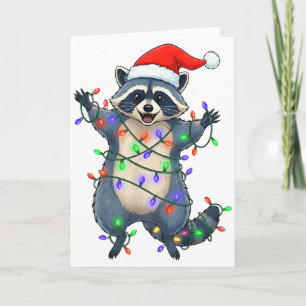 Grappige Wasbeer Kerstman Hoed Kerstboom Lichtjes  Kaart