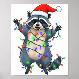 Grappige Wasbeer Kerstman Hoed Kerstboom Lichtjes Poster