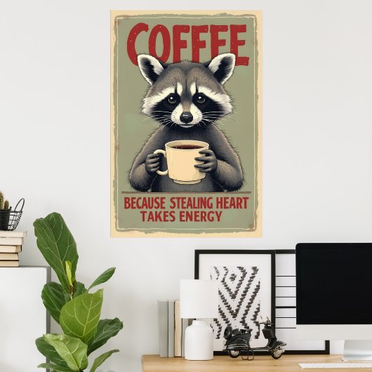 Grappige wasbeer koffie kunst poster (Thuiskantoor)