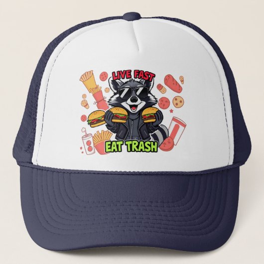 Grappige Wasbeer ‘Snel Leven, Afval Eten’ Trucker Pet (Voorkant)