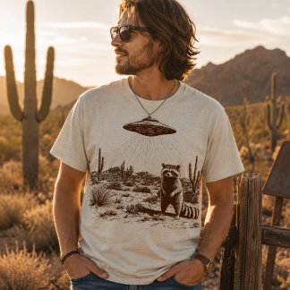 Grappige Wasbeer UFO Alien Ontvoering Woestijn T-shirt