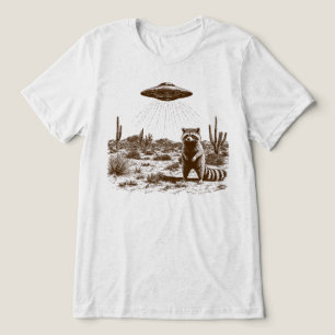 Grappige Wasbeer UFO Alien Ontvoering Woestijn Tri-Blend Shirt