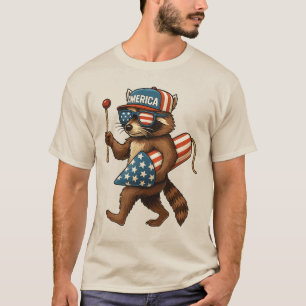 Grappige Wasbeer Vuurwerk Amerikaanse Vlag Patriot T-shirt