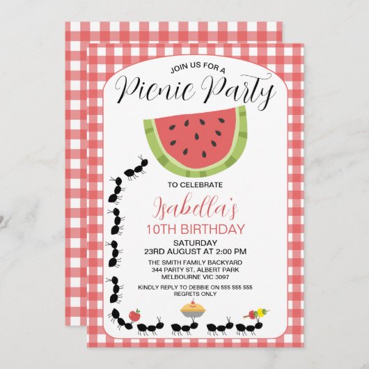 Grappige watermeloen mieren picknick verjaardag ui kaart (Voorkant / Achterkant)