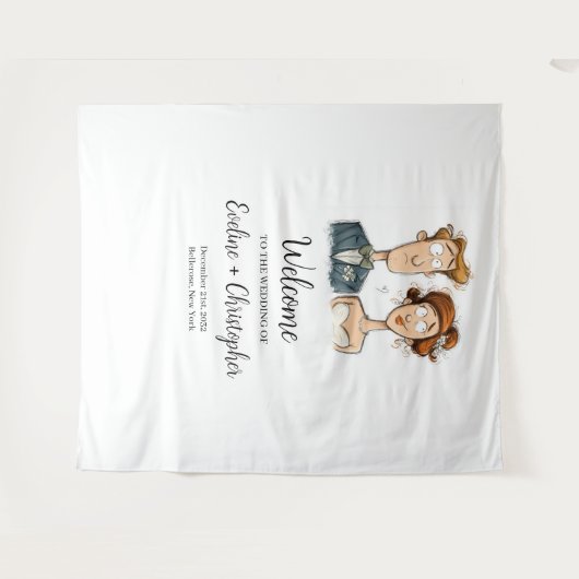 Grappige Waterverf bruid bruidegom bruiloft banner Wandkleed (Voorkant (horizontaal))