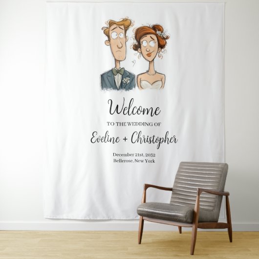 Grappige Waterverf bruid bruidegom bruiloft banner Wandkleed (In situ)