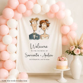 Grappige Waterverf bruid bruidegom bruiloft banner Wandkleed