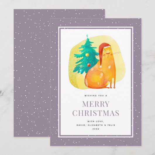 Grappige Waterverf Cat Paarse Merry Christmas Kaar Feestdagenkaart (Voorkant / Achterkant)