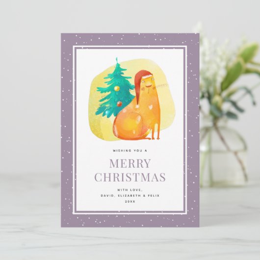 Grappige Waterverf Cat Paarse Merry Christmas Kaar Feestdagenkaart (Staand voorkant)