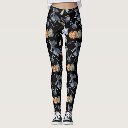 Grappige Waterverf Heksenpompoen Halloween Leggings (Voorkant)