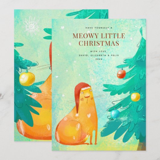 Grappige Waterverf Kat Kerst Kaart (Voorkant / Achterkant)