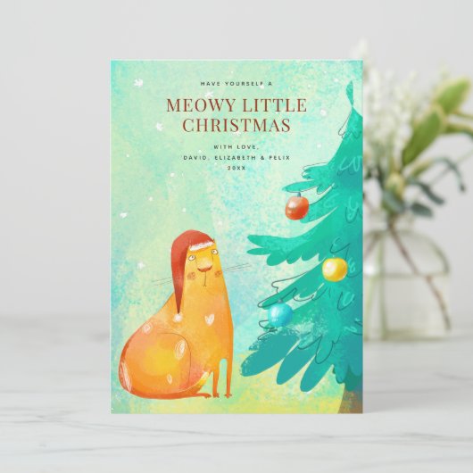 Grappige Waterverf Kat Kerst Kaart (Staand voorkant)