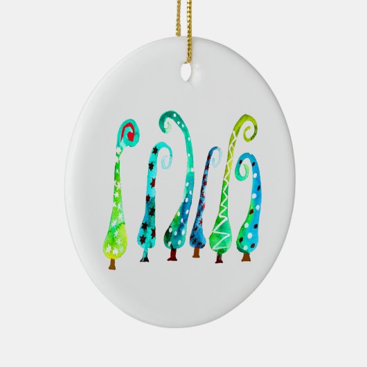 Grappige waterverf kerstbomen keramisch ornament (Rechts)