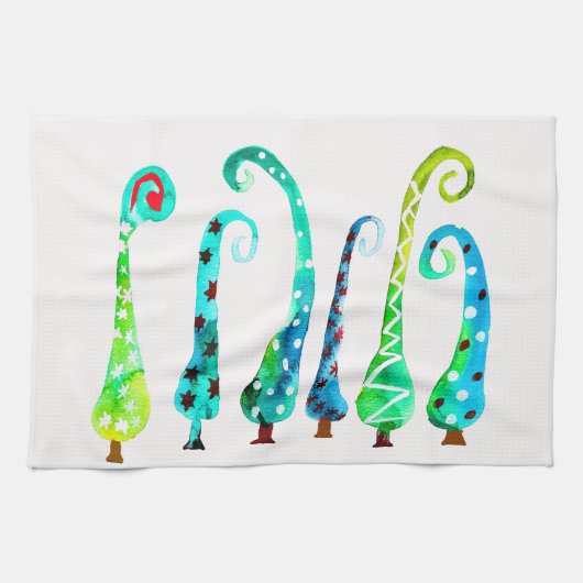 Grappige waterverf kerstbomen theedoek (Horizontaal)