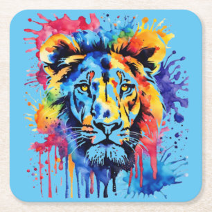 Grappige waterverf kleurrijke leeuw kartonnen onderzetters