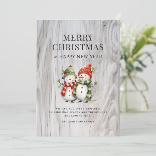 Grappige Waterverf Sneeuwmannen Rustic Wood Holida Feestdagenkaart (Staand voorkant)