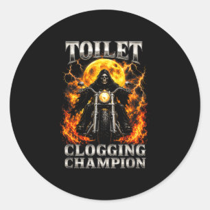 Grappige wc-verstoppende kampioensskeletbiker ronde sticker