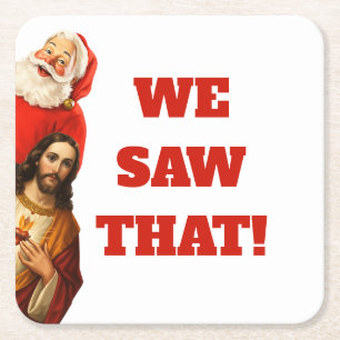 Grappige “We Saw That” Kerstman en Jezus Design Kartonnen Onderzetters