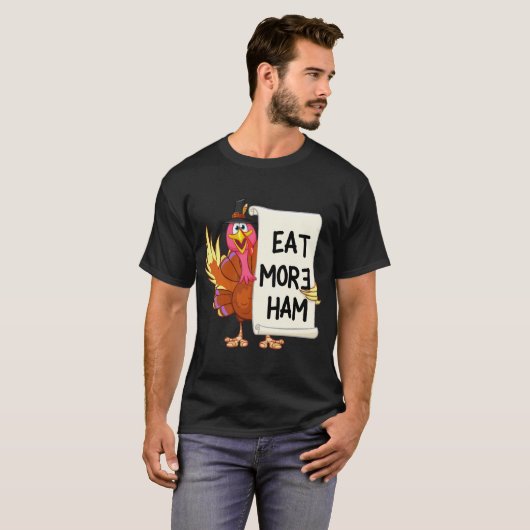 Grappige weggelopen kalkoen eet meer ham t-shirt (Voorkant volledig)