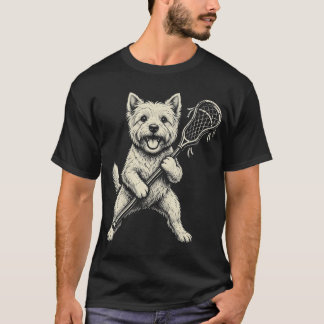 Grappige Westie-hond speelt Lacrosse Sport Vintage T-shirt